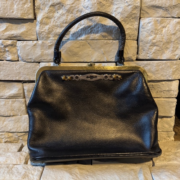 VINTAGE Black Leather SABER Handbag Purse Rare Find bag